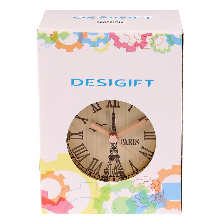 Будильник d=8см Париж, тихий ход, подсветка, пластик текстура дерева, бежевый, 9,2*13см