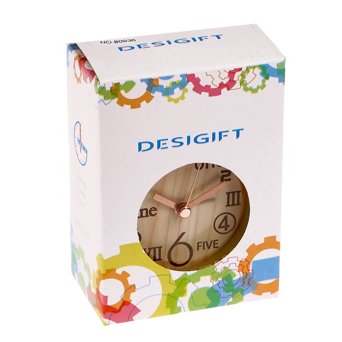 Будильник d=8см, тихий ход, подсветка, пластик текстура дерева, бежевый, 9,2*13см