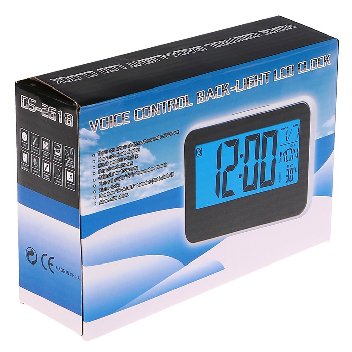 Электронные часы-будильник, подсв-ка на звук, бат. 3ААА, день нед, темп-ра, бел, 9.5х15.5 см