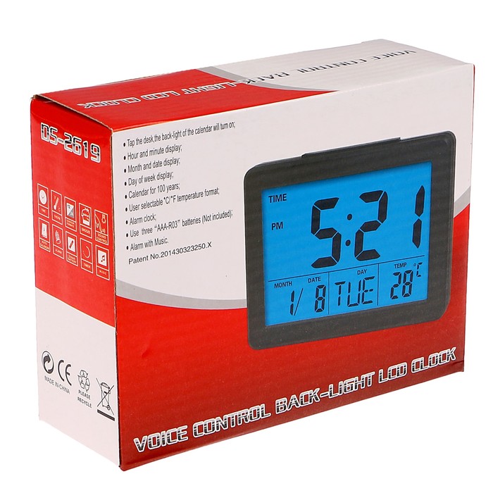 Электронные часы-будильник, подсветка на звук, бат 3ААА, день нед, темп-ра, бел, 10.5х14 см