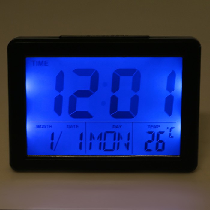 Электронные часы-будильник, подсветка на звук, бат 3ААА, день нед, темп-ра, чёрн, 10.5х14 см