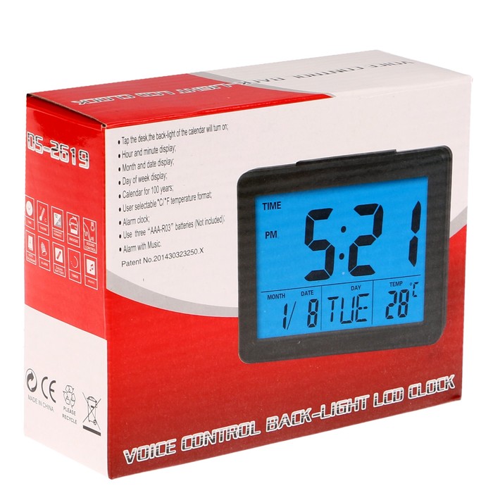 Электронные часы-будильник, подсветка на звук, бат 3ААА, день нед, темп-ра, чёрн, 10.5х14 см