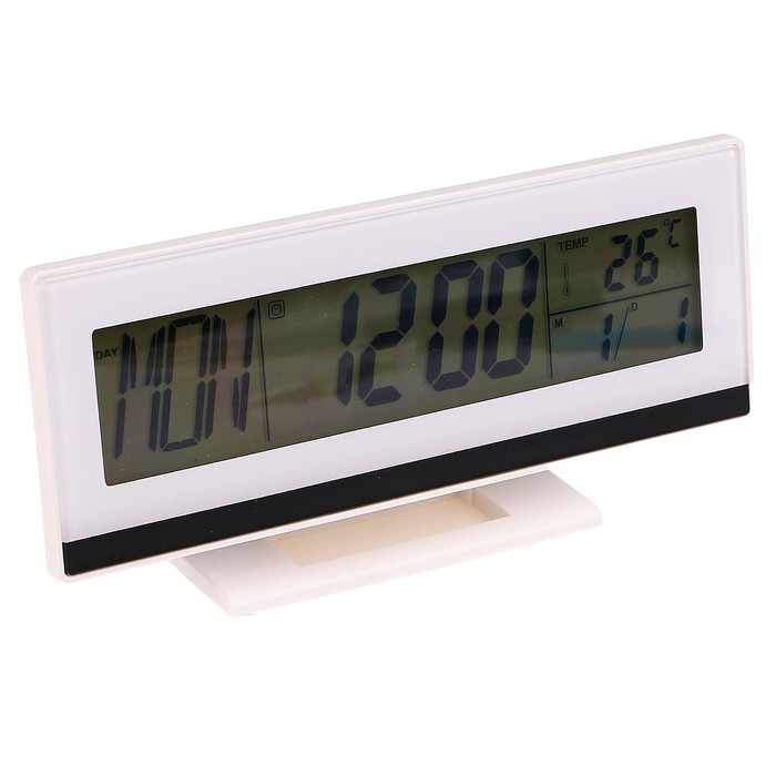 Электронные часы-будильник, подсветка на звук, бат 3ААА, день нед, тем-ра, белый, 9х18.5 см