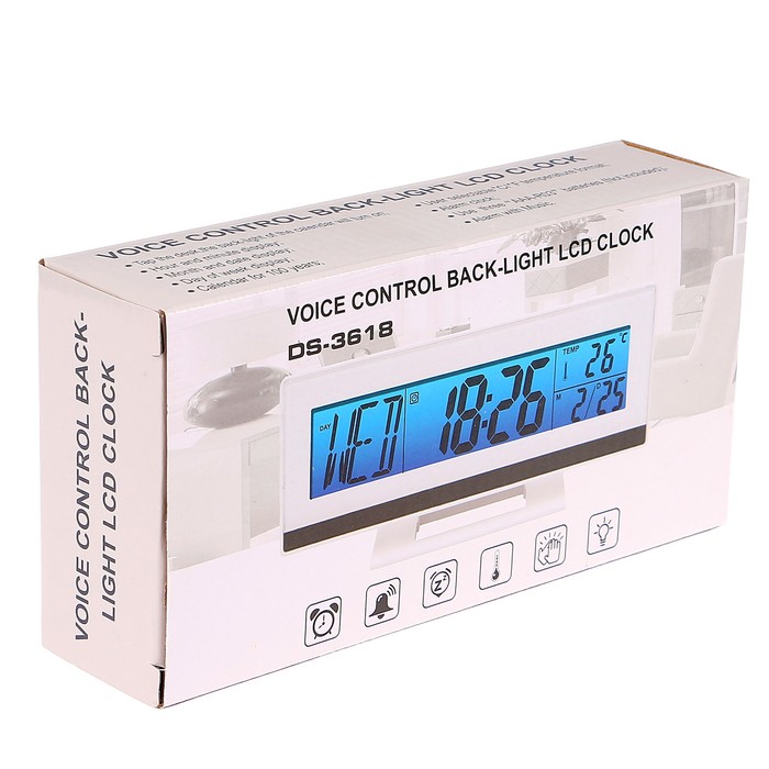 Электронные часы-будильник, подсветка на звук, бат 3ААА, день нед, тем-ра, белый, 9х18.5 см