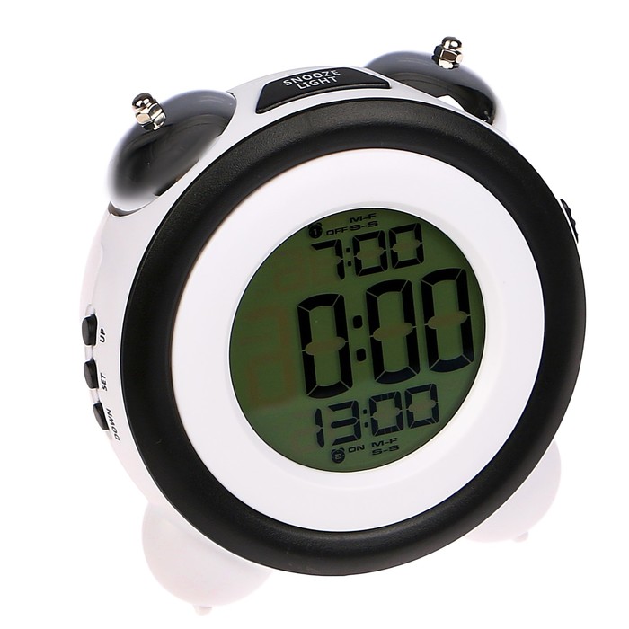 Электронные часы-будильник,подсветка,2 будильника, дата, бат 3AАА,чёрно-белый,7х11.5х10.5 см