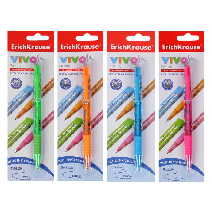 Ручка шариковая автоматическая VIVO Spring, узел 0.7 мм, чернила синие, резиновый упор, длина линии письма 1200м, микс, в блистере