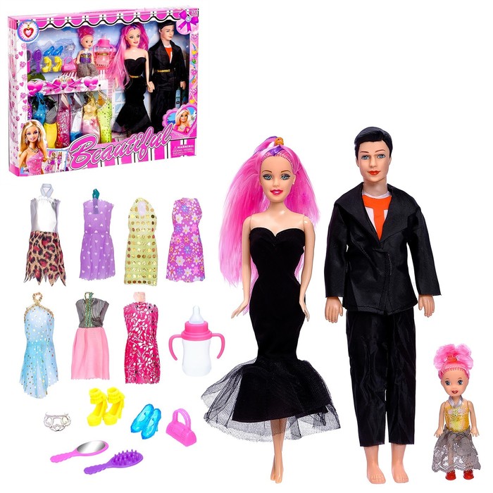 Куклы модели "Семья" с набором платьев и аксессуаров, МИКС