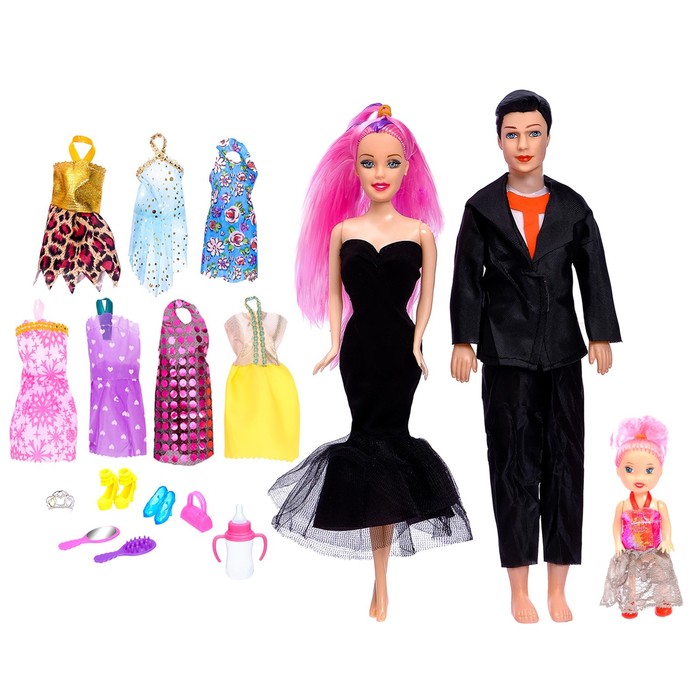 Куклы модели "Семья" с набором платьев и аксессуаров, МИКС