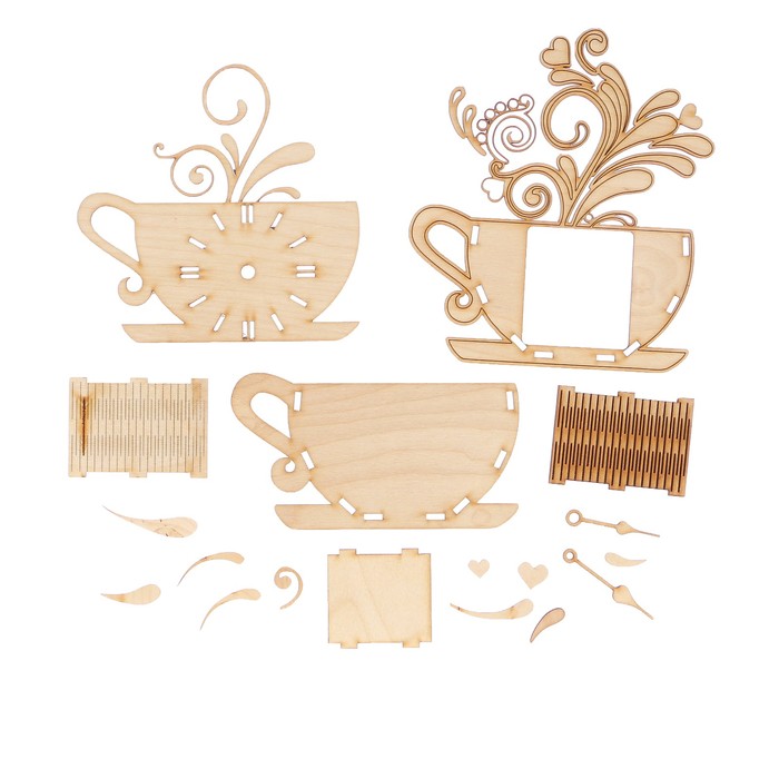 Часы сувенирные из фанеры "Чашка с цветком" набор 18 деталей 17х19х6 см