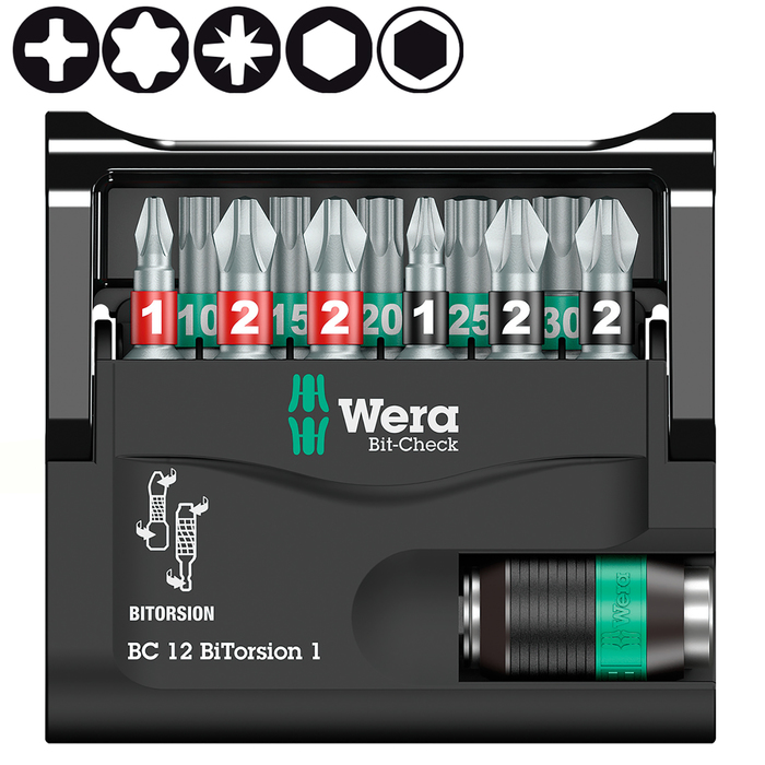 Набор бит WERA WE-057420, Bit-Check 12 BiTorsion 1, битодержатель БСП, 11 закаленных бит
