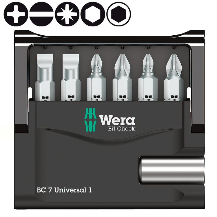 Набор бит WERA WE-056295, Bit-Check 7 Universal 1, держатель, 25 мм, 1/4", 6 насадок