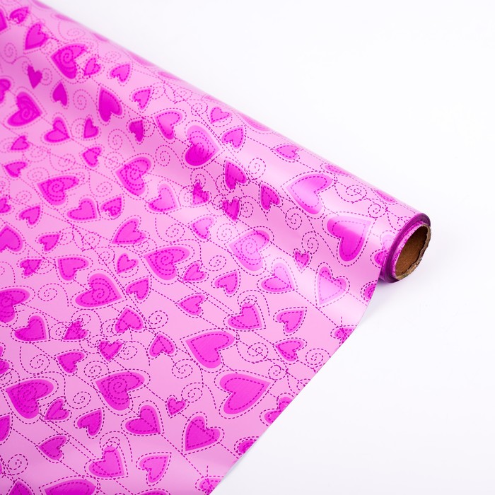 Плёнка металлизированная "Ажурные сердца", розовый, 0,7 х 20 м