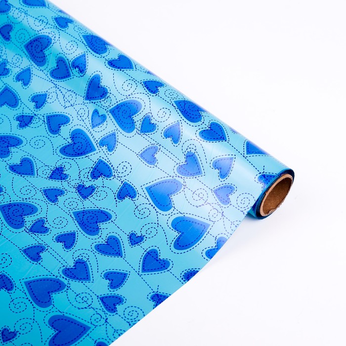 Плёнка металлизированная "Ажурные сердца", голубой, 0,7 х 20 м