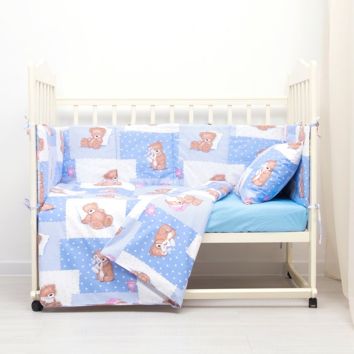 Комплект в кроватку (4 предмета), диз. мишки на голубом/горошек на голубом