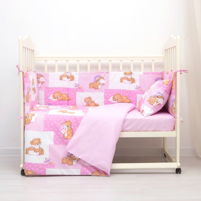 Комплект в кроватку (4 предмета), диз. мишки на розовом/горошек на розовом