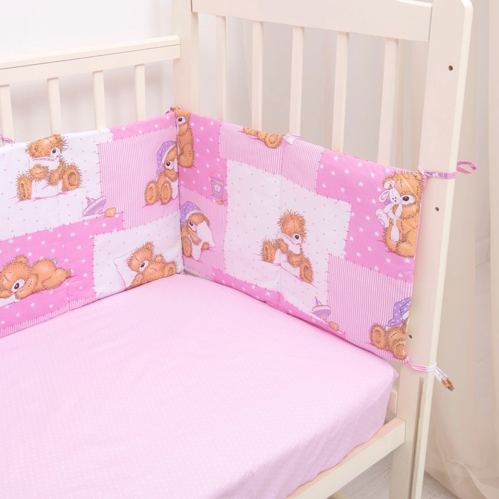 Комплект в кроватку (4 предмета), диз. мишки на розовом/горошек на розовом