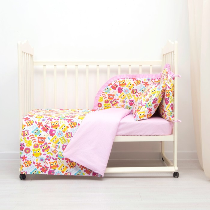 Комплект в кроватку (4 предмета), диз. совята с горошком на розовом, синтепон