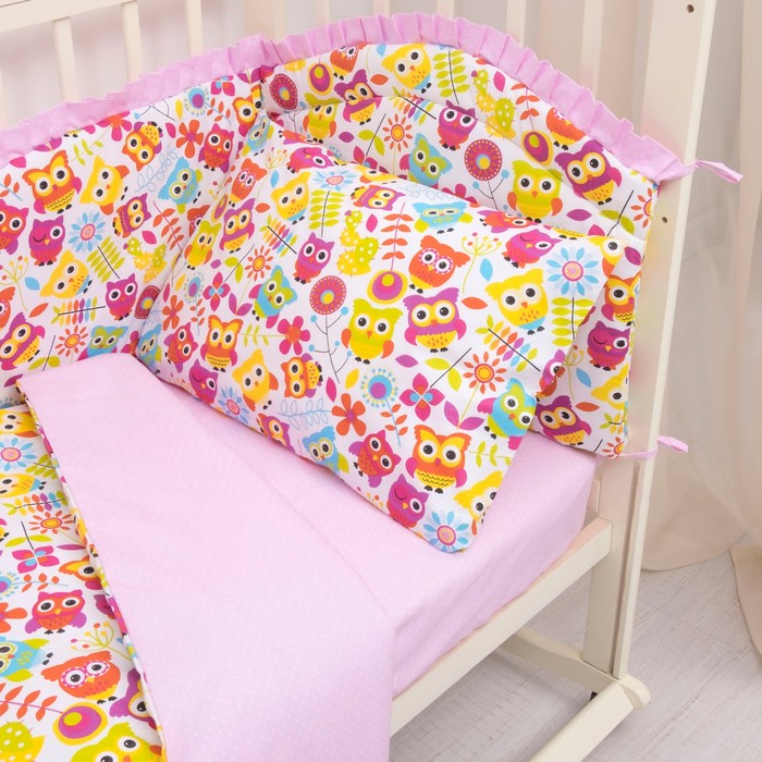 Комплект в кроватку (4 предмета), диз. совята с горошком на розовом, синтепон