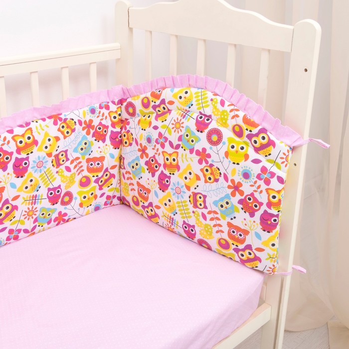 Комплект в кроватку (4 предмета), диз. совята с горошком на розовом, синтепон