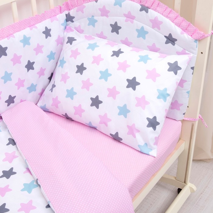 Комплект в кроватку (4 предмета), диз. пряники: серый, роз, гол/горошек на роз, синтепон