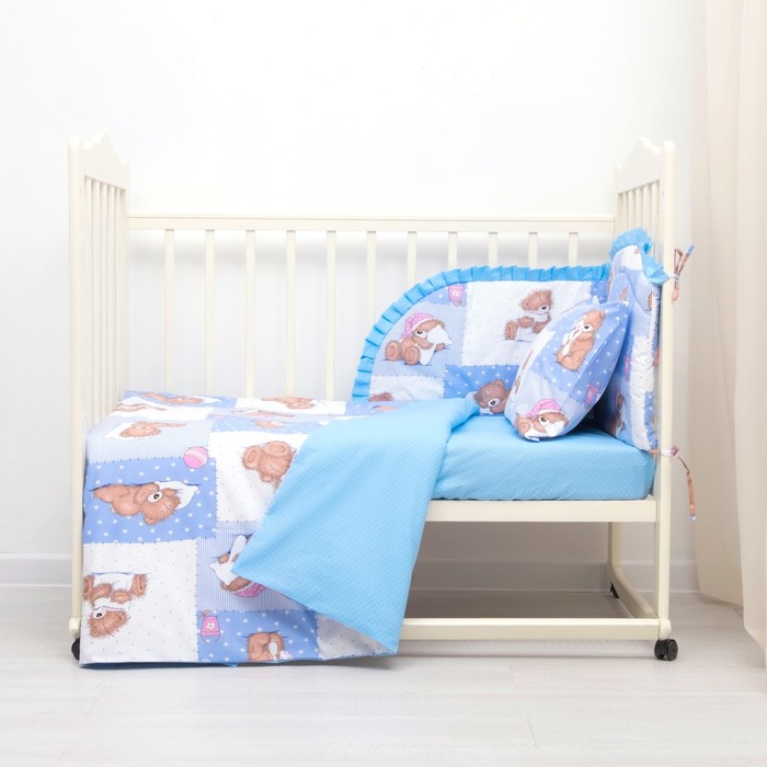 Комплект в кроватку (4 предмета), диз. мишки на голубом/горошек на голубом