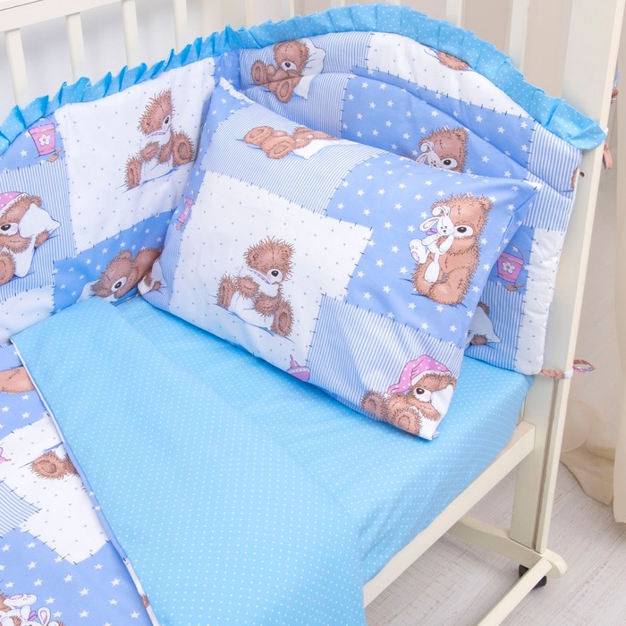 Комплект в кроватку (4 предмета), диз. мишки на голубом/горошек на голубом
