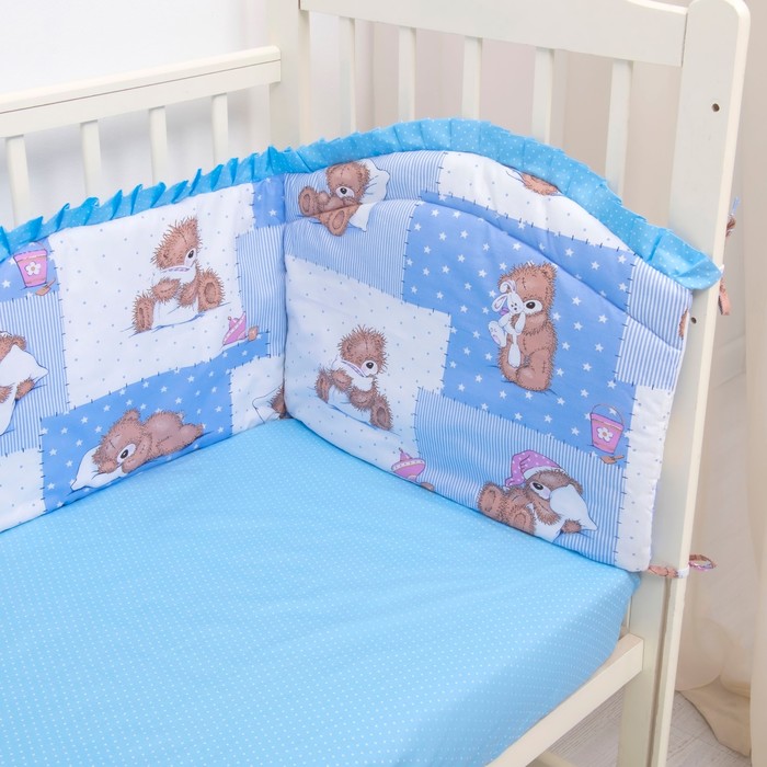 Комплект в кроватку (4 предмета), диз. мишки на голубом/горошек на голубом