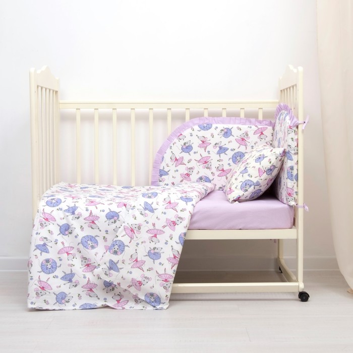 Комплект в кроватку (4 предмета), диз. мышки балеринки/горошек на фиолетовом