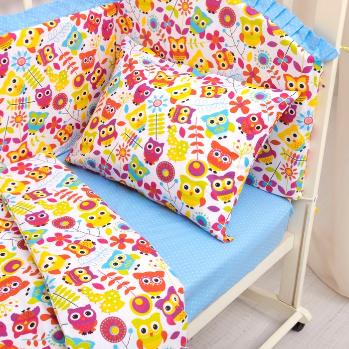 Комплект в кроватку (4 предмета), диз. совята с горошком на голубом