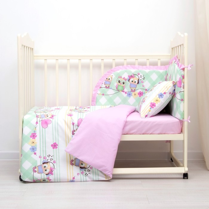 Комплект в кроватку (4 предмета), диз. совята музыкальные с горошком на розовом