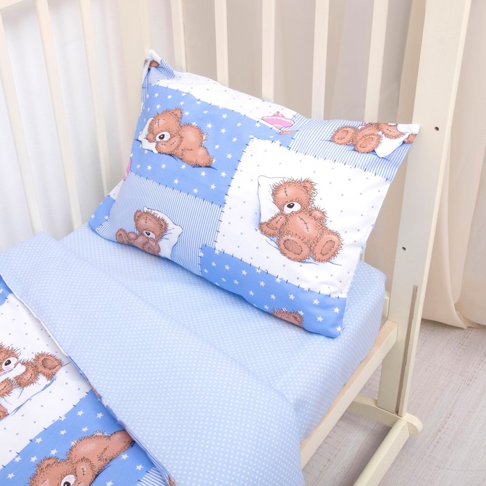 Детское постельное бельё, размер 110х140, 60х120 (рез), 40х60 см, диз. мишки на голубом/горошек на голубом, хл100%   3246
