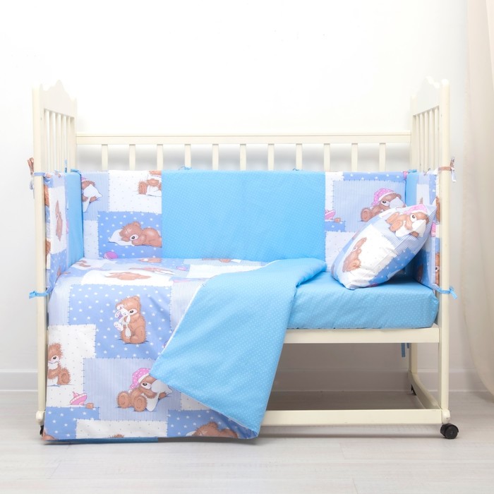 Комплект в кроватку (4 предмета), диз. мишки на голубом/горошек на голубом,