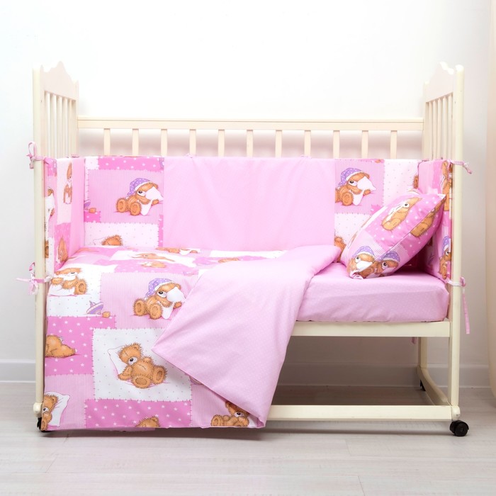 Комплект в кроватку (4 предмета), диз. мишки на розовом/горошек на розовом