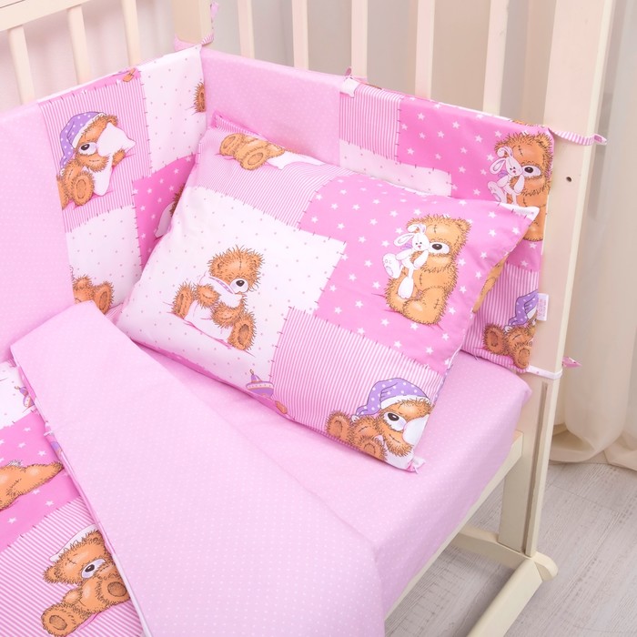 Комплект в кроватку (4 предмета), диз. мишки на розовом/горошек на розовом