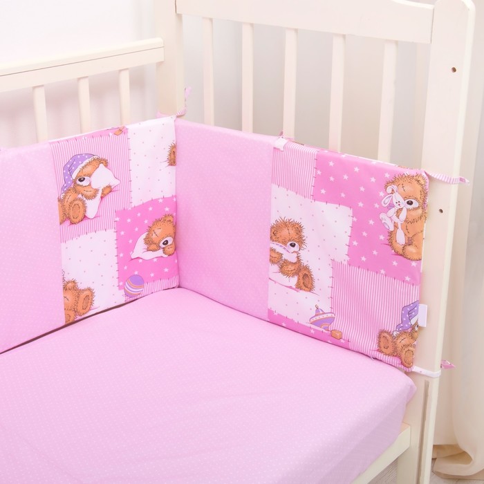 Комплект в кроватку (4 предмета), диз. мишки на розовом/горошек на розовом