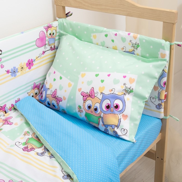 Комплект в кроватку (4 предмета), диз. совята музыкальные/горошек на голубом, ппу