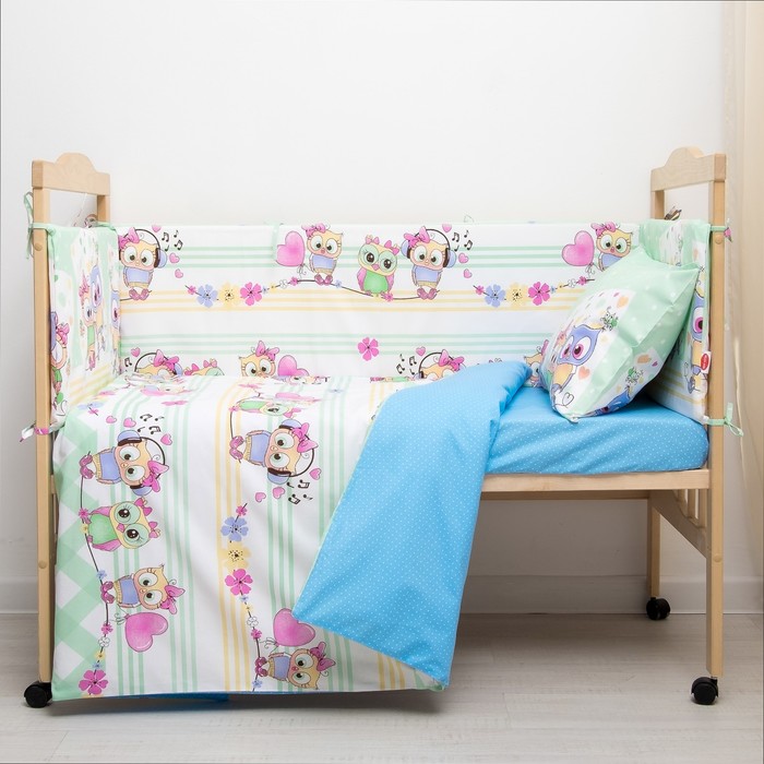 Комплект в кроватку (4 предмета), диз. совята музыкальные/горошек на голубом, ппу