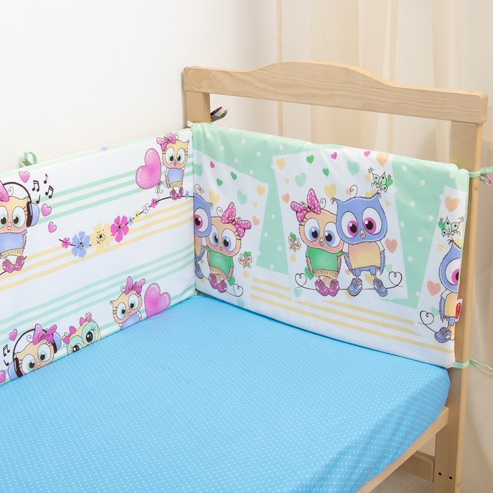 Комплект в кроватку (4 предмета), диз. совята музыкальные/горошек на голубом, ппу