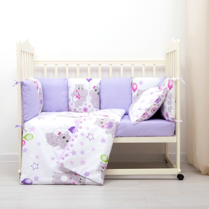Комплект в кроватку (4 предмета), диз. бегемотики/горошек на фиолетовом, холлофайбер