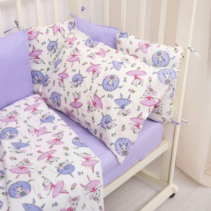 Комплект в кроватку (4 предмета), диз. мышки-балеринки/горошек на фиолетовом