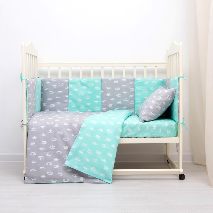 Комплект в кроватку (4 предмета), диз. короны серо/ментол