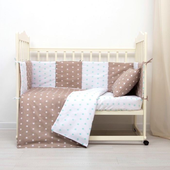 Комплект в кроватку (4 предмета), диз. звезды на шоколаде/звезды ментол на белом, синтепон