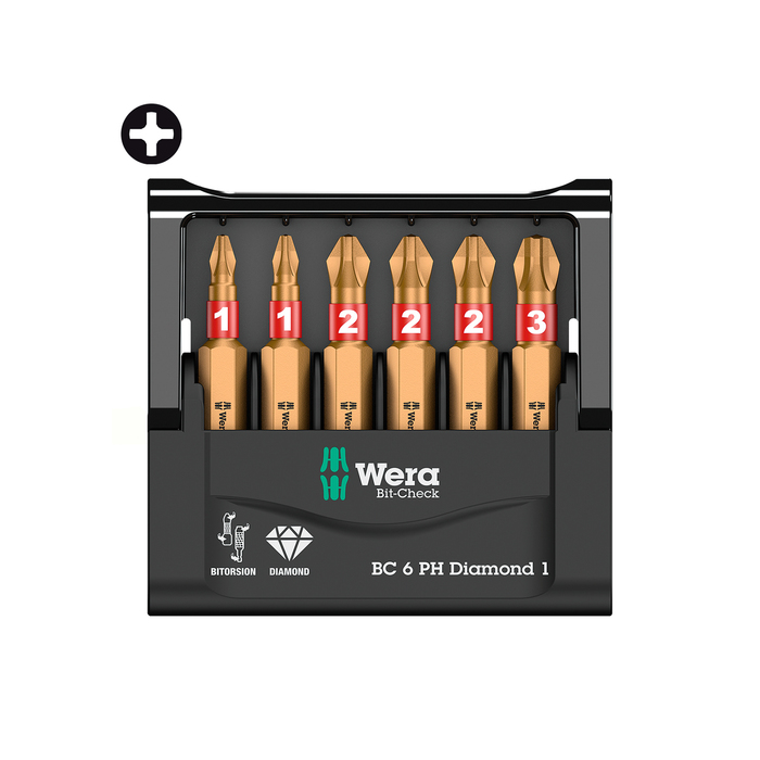 Набор бит WERA WE-057404, Bit-Check 6 PH Diamond 1, PH 1, PH 2, PH 3, 6 шт.