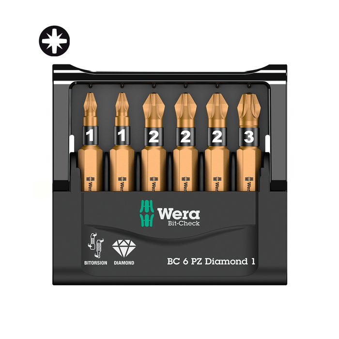 Набор бит WERA WE-057402, Bit-Check 6 PZ Diamond 1, PZ 1, PZ 2, PZ 3, 6 шт.
