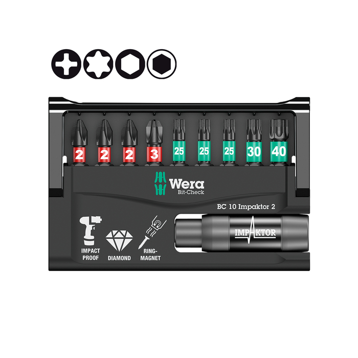 Набор бит WERA WE-057682, Bit-Check 10 Impaktor 2, ударный держатель, 9 ударных насадок