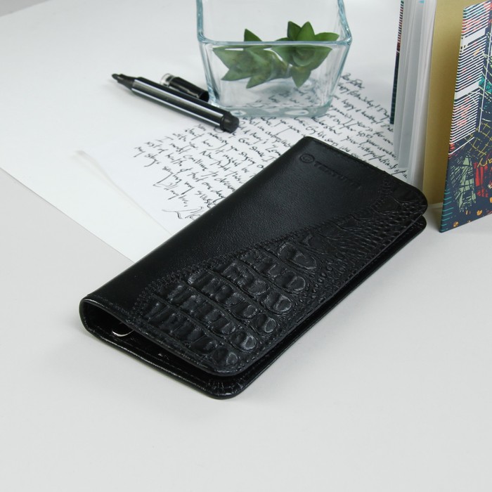 Кошелёк женский, 2 отдела, для карт, для монет, матовый чёрный/крокодил чёрный