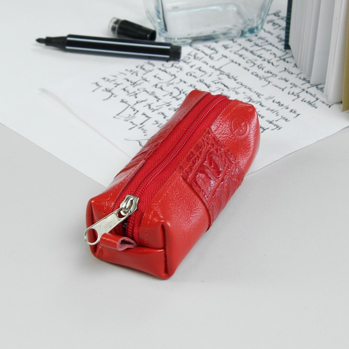 Ключница, отдел на молнии, кольцо, крокодил, цвет матовый алый/красный