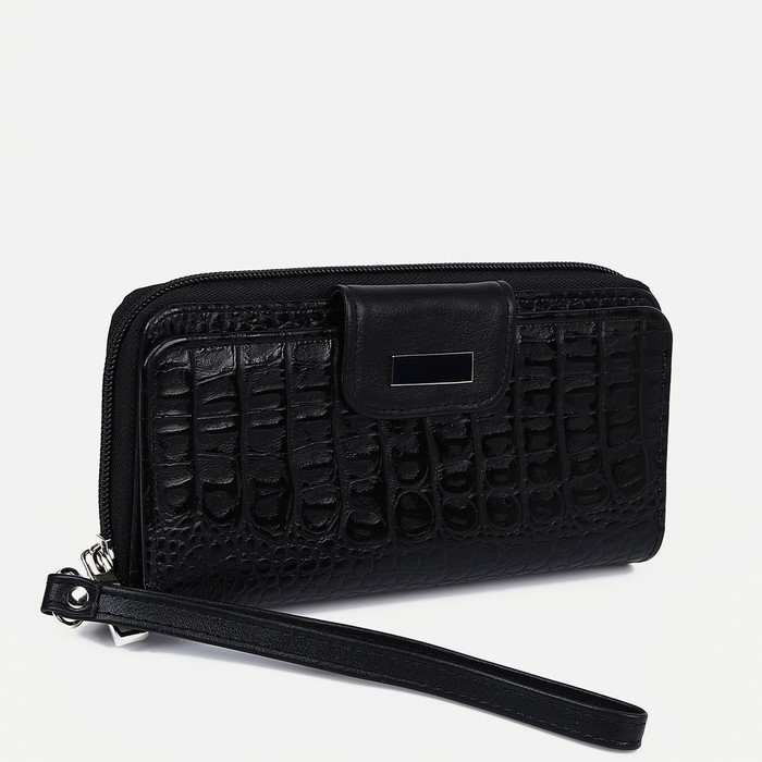 Кошелёк женский, 2 отдела, для кредиток, для монет, ручка, крокодил, цвет чёрный