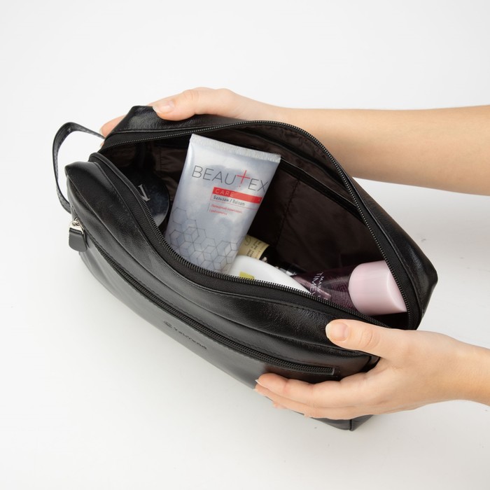 Косметичка-несессер, отдел на молнии, 2 наружных кармана, ручка, матовый чёрный
