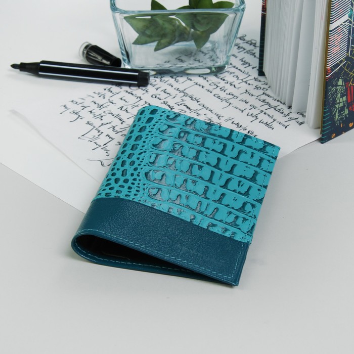 Обложка для паспорта, 4 кармана для карт, крокодил, цвет бирюзовый